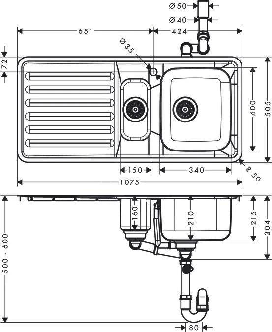 Hansgrohe Spoelbakken - Inbouw Spoelbak S4111-F540 Met Waste Inrichting, RVS 43342800 4 Hansgrohe Spoelbakken - Inbouw Spoelbak S4111-F540 Met Waste Inrichting, RVS 43342800 - Afbeelding 2